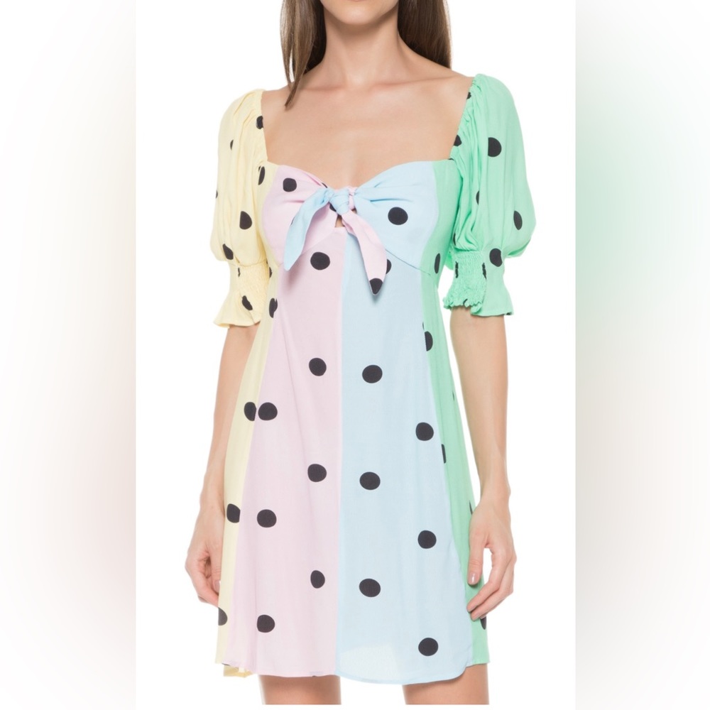 NWT FARM Rio dress. Pink, green, yellow, blue with black polka dots